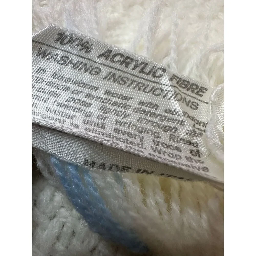 Vintage White Blue Acrylic Fringed Throw Italian Made Baby Blanket